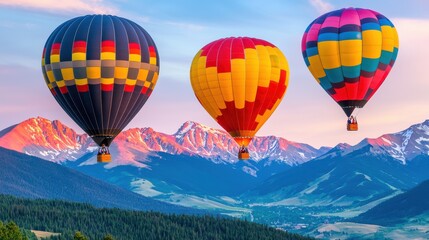 Obraz premium Vibrant Hot Air Balloons Soaring Over Majestic Mountain Landscape at Sunrise or Sunset