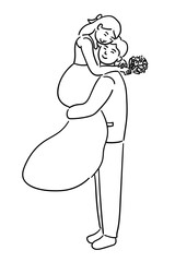 The groom is lifting the bride, and they are hugging each other affectionately, wedding couple