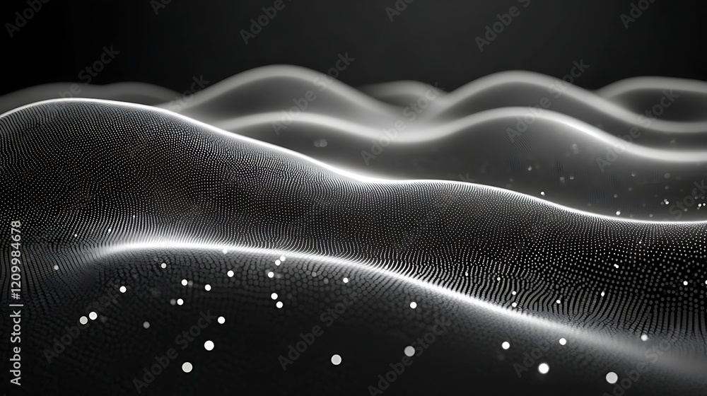 Poster abstract dark wave: subtle, undulating waves of shimmering particles dance across a dark background,