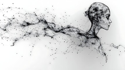 Abstract Human Form: A mesmerizing black and white illustration captures the ethereal essence of the human form, composed of swirling particles, suggesting movement, transformation.
