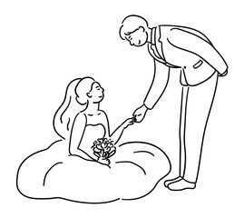 Wedding couple, groom is bending down, holding the bride's hand as she sits, with affection