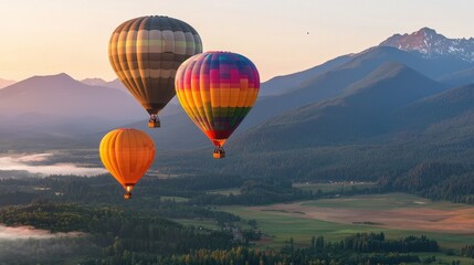 Fototapeta premium Colorful Hot Air Balloons Soaring Over Breathtaking Mountain Landscape at Tranquil Sunrise