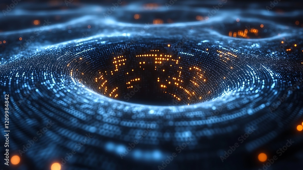 Aufkleber digital singularity: abstract digital art depicting a swirling vortex of blue and orange light, crea