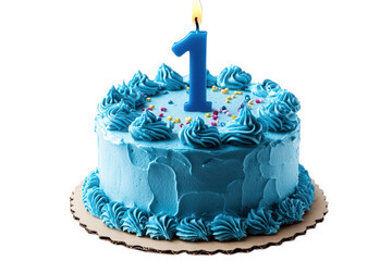 a vibrant blue cake decorated with swirls and topped with a large blue number one candle. symbolizing a first birthday celebration the cake is set on a circular cardboard base. emphasizing its festive