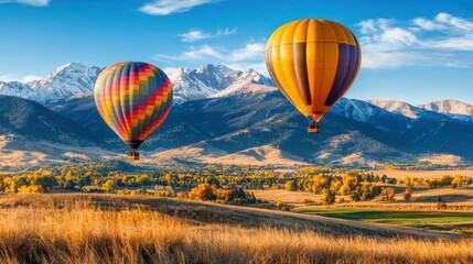 Obraz premium Vibrant Hot Air Balloons Soaring Over Mountainous Autumn Landscape with Breathtaking Aerial View