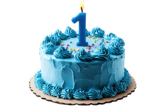 a vibrant blue cake decorated with swirls and topped with a large blue number one candle. symbolizing a first birthday celebration the cake is set on a circular cardboard base. emphasizing its festive
