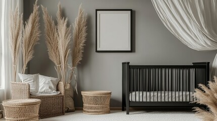 Modern Stylish Nursery Interior with Pampas Grass and Crib