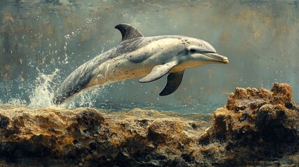 Obraz premium Dolphin leaping ocean reef background, underwater wildlife, marine life