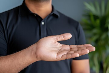 A close-up image of an open hand gesture held in the air, showcasing communication and interaction, set against a blurred background with green foliage.
