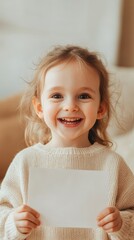 A cheerful young child with curly hair smiles while holding a blank sheet of paper, perfect for adding text.