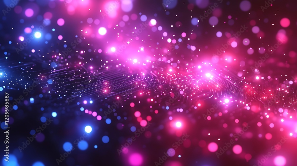 Poster cosmic dance of lights: pink and blue nebula-like swirls filled with sparkling dust and bokeh lights