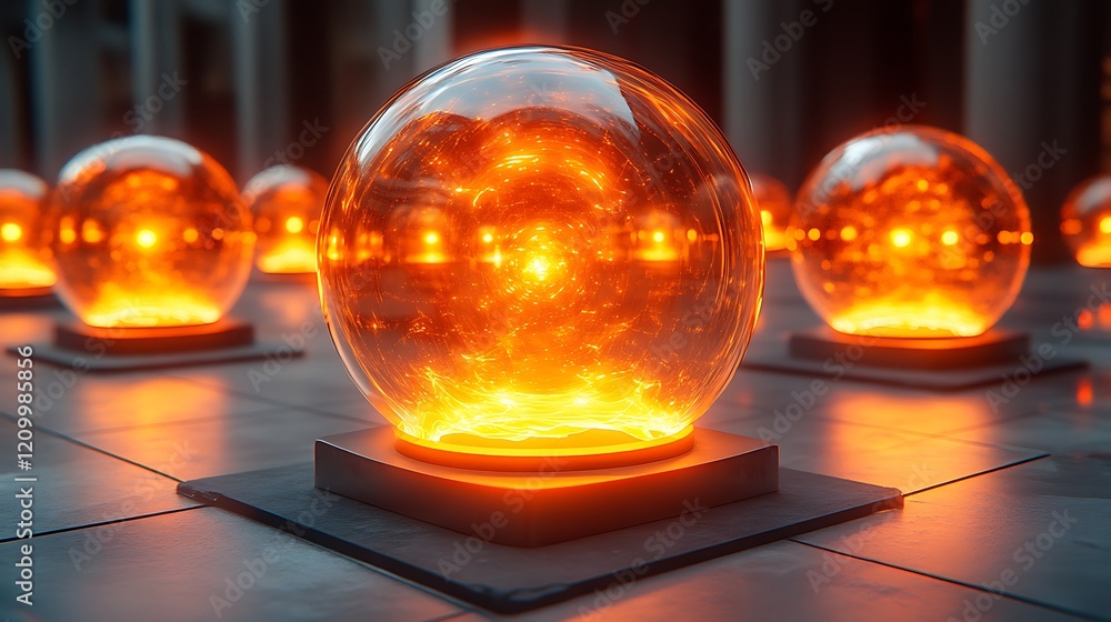 Poster blazing spheres: a mesmerizing array of glowing glass orbs, each containing a miniature fiery explos