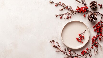 Cozy Holiday Arrangement with Red Berries Pine Cones and Evergreen Branches