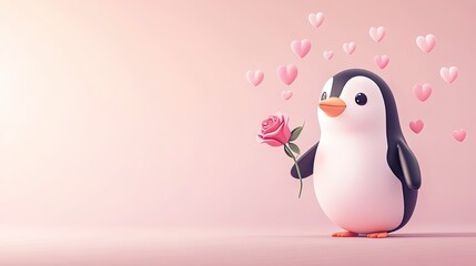 Obraz premium Cartoon penguin holding a rose with playful hearts floating around on a soft pink backdrop.