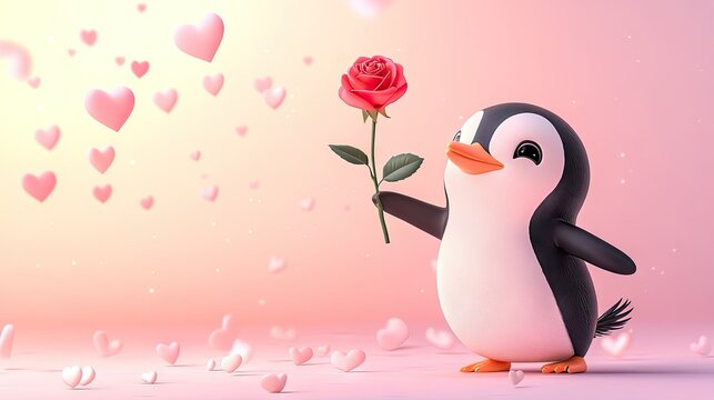 Cartoon penguin holding a rose with playful hearts floating around on a soft pink backdrop.