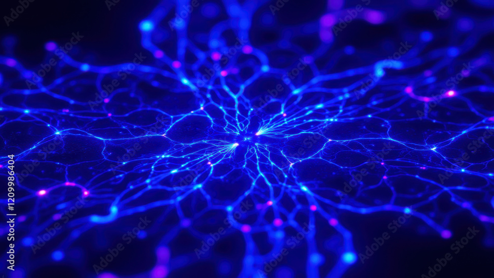 Poster advanced ai neural network pattern with glowing blue electric arcs.