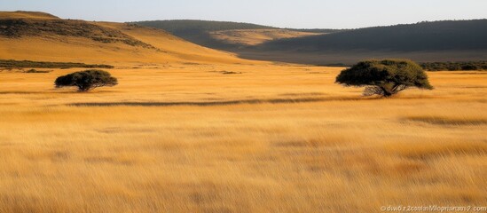 Obraz premium Savanna trees, golden grass, hills backdrop, calm scene, nature poster