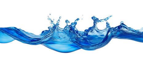 Water wave isolated on a transparent background, with a blue water splash featuring drops and bubbles in dynamic flow.