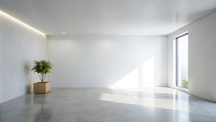 Obraz premium Modern minimalist empty room with sunlight streaming through a window and a potted plant