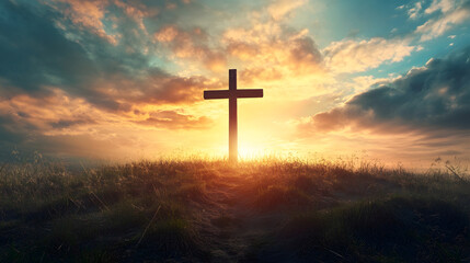 Dramatic Sunset Behind Solitary Cross Symbolizing Hope and Faith : Generative AI