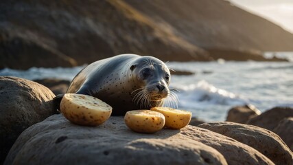 Naklejka premium A seal resting on rocks near the ocean with potatoes beside it.