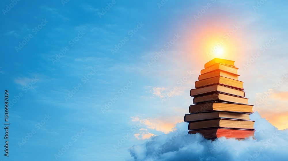 Poster goal of life concept a stack of colorful books rises above the clouds, illuminated by a glowing ligh