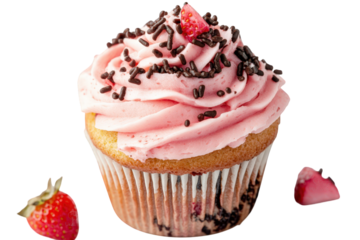 delicious cupcake topped with pink frosting. chocolate sprinkles. and a small strawberry the cupcake is placed on a clean. white background. emphasizing its appealing colors and textures it evokes a s