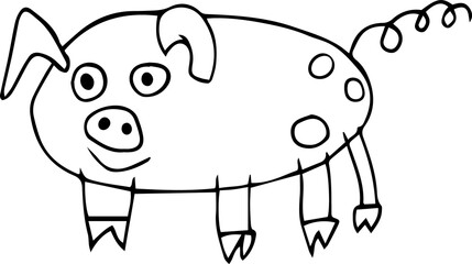 funny oval pig with spots on the side and a long curled tail stands and smiles