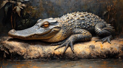 Fototapeta premium Alligator resting museum exhibit swamp background