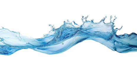 Water wave isolated on a transparent background, with a blue water splash featuring drops and bubbles in dynamic flow.