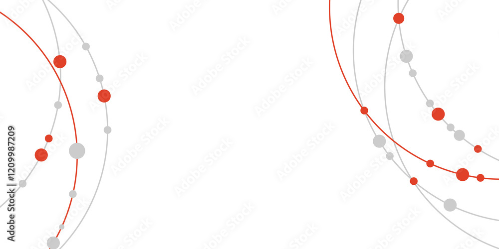 Poster geometric orbits and intersecting paths with vivid red details, representing futuristic themes. grea
