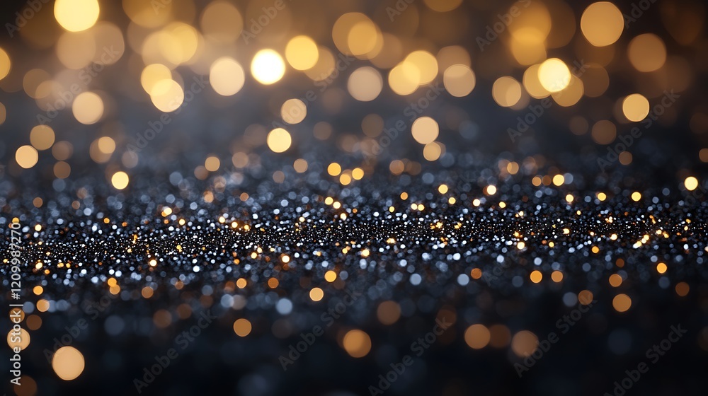 Poster dark sparkle background: shimmering gold and dark bokeh lights create a luxurious and festive backdr