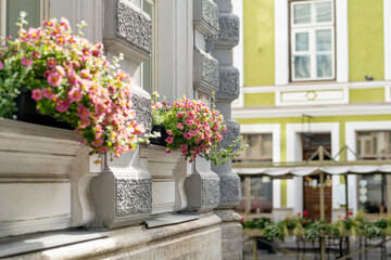 Colorful old buildings decorated with flowers on narrow medieval street of Tallinn Old Town or Tallinna Vanalinn, included in the UNESCO World Heritage List