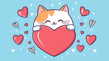 Cheerful Valentine's cat cartoon hugging a heart, surrounded by cupid's arrows and love symbols.
