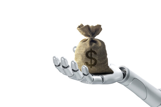 The arm of the robot holds a sack. The idea for robots to work for humans