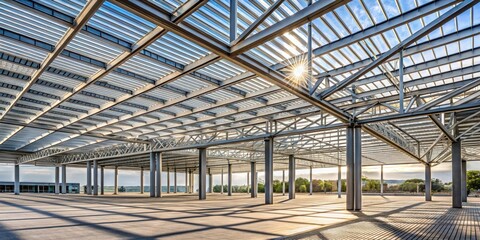 Naklejka premium Vast open structure with a modern metal framework and translucent roofing, bathed in sunlight