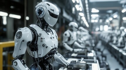Fototapeta premium Futuristic Robots on Assembly Line in Factory