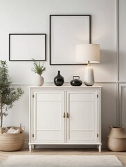 White composition of creative living room interior with elegant cupboard, blank poster frame