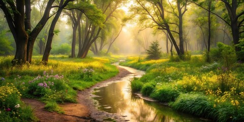 Obraz premium Serene Sunrise Over a Misty Stream Winding Through a Lush Meadow Filled with Blossoming Wildflowers and Towering Trees