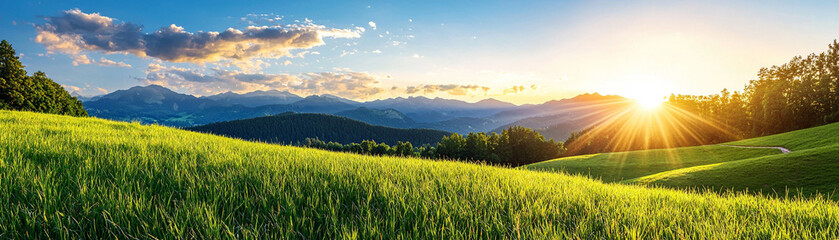 Fototapeta premium Sunrise over green hills nature landscape ai generated scenic view tranquil environment