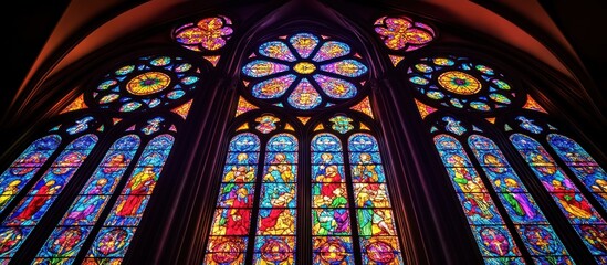 Gothic church stained-glass window, ornate rose window, religious scenes, dark interior, faith