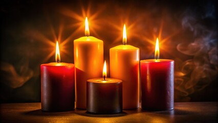 Silhouetted forms, four burning candles, abstract art.