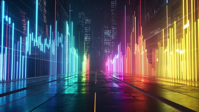 digital cityscape at night with colorful sound waves illuminating a futuristic street