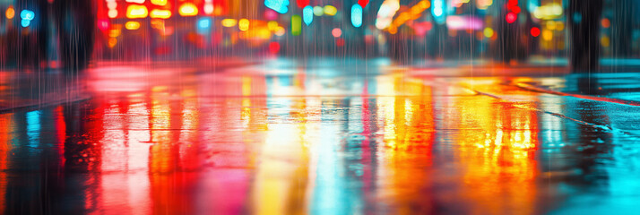 Neon lights illuminate the wet pavement of a bustling city, creating a colorful tapestry of reflections as rain falls. The atmosphere feels alive with energy and movement