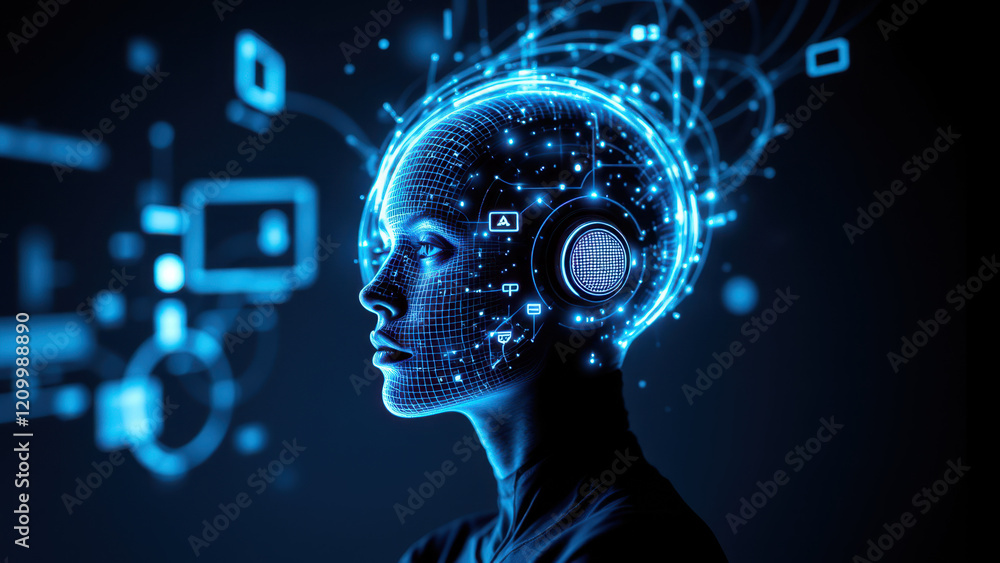 Aufkleber a humanoid robot with glowing brain-like interface represents advanced technology and artificial int