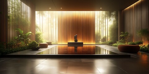 Serene indoor zen garden with reflection pool.