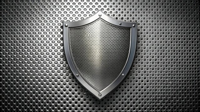 Metallic shield emblem on perforated metal background; a symbol of robust protection.