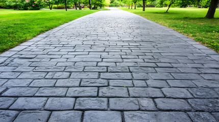 a paved sidewalk in a park with trees