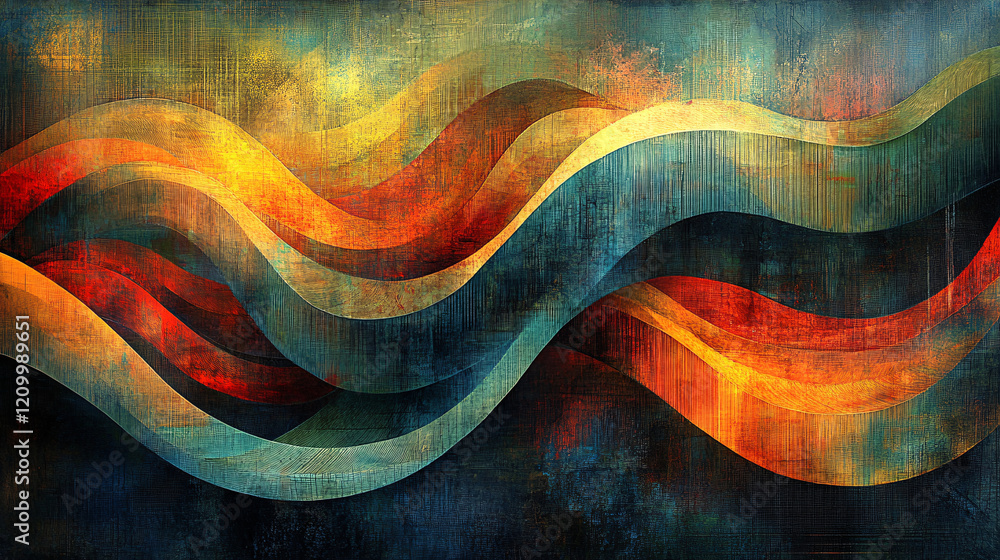 Poster abstract painting featuring a blue background with dynamic shapes and textures in various colors and