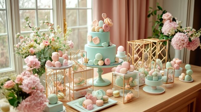Assorted pastel Easter cakes with intricate designs, eggs, and macarons on stands. Gradient pink-orange background. Festive concept